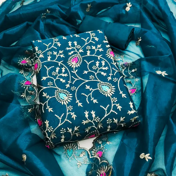 Teal_Blue_Organza_Salwar_Suit_Dress_Material_With_Multicolor_Thread_Work_&_Embroidered_Dupatta_Unstitched