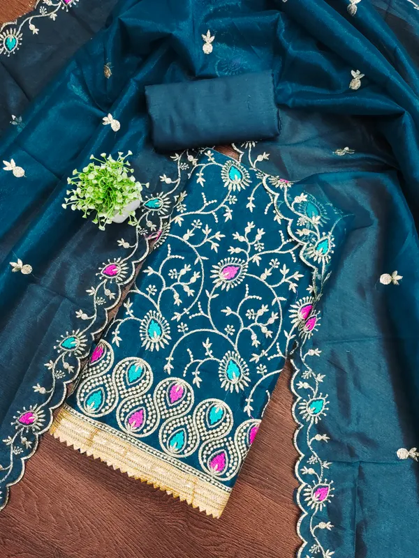 Teal_Blue_Organza_Salwar_Suit_Dress_Material_With_Multicolor_Thread_Work_&_Embroidered_Dupatta_Unstitched