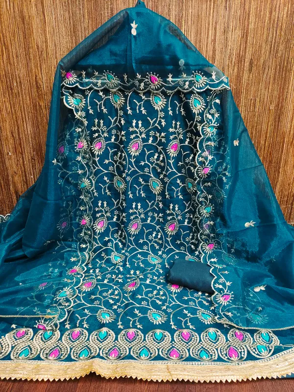 Teal_Blue_Organza_Salwar_Suit_Dress_Material_With_Multicolor_Thread_Work_&_Embroidered_Dupatta_Unstitched