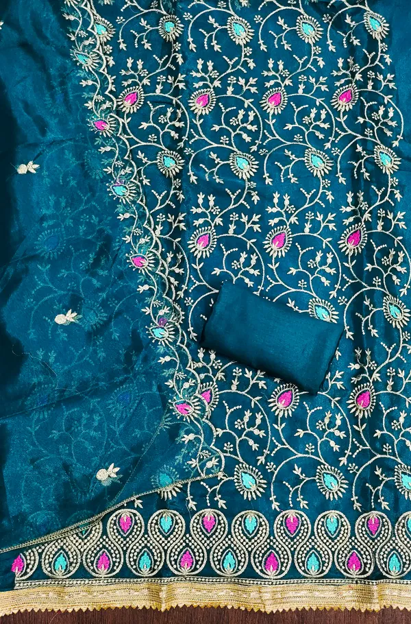 Teal_Blue_Organza_Salwar_Suit_Dress_Material_With_Multicolor_Thread_Work_&_Embroidered_Dupatta_Unstitched
