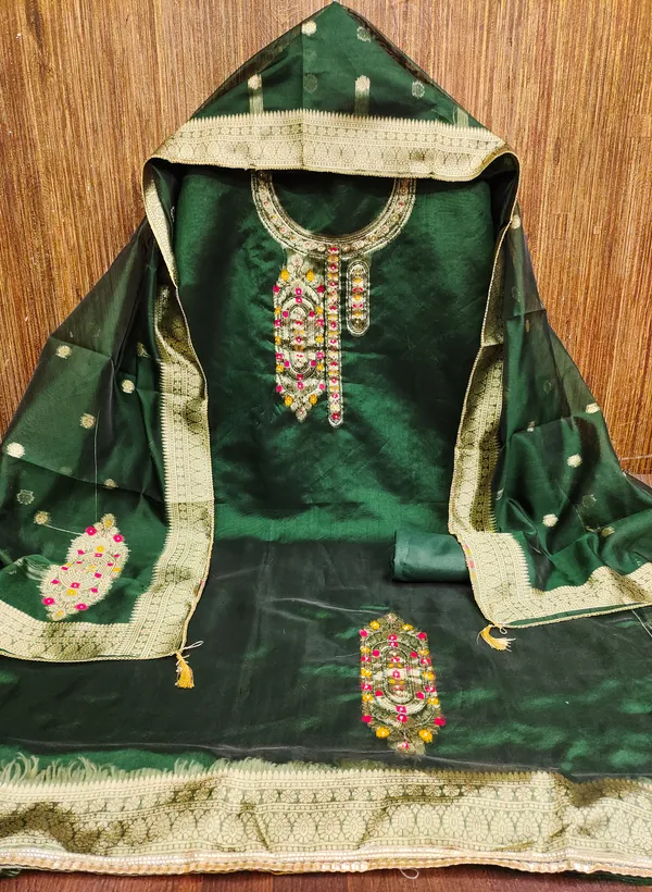 Green_Banarasi_Silk_Jacquard_Salwar_Suit_Dress_Material_With_Zardosi_Handwork_&_Placement_Woven_Dupatta_Unstitched