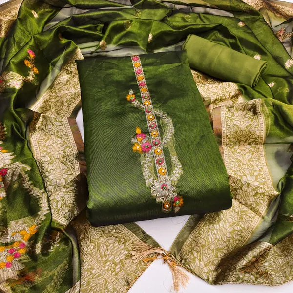 Green_Banarasi_Silk_Jacquard_Salwar_Suit_Dress_Material_With_Handwork_&_Floral_Dupatta_Unstitched