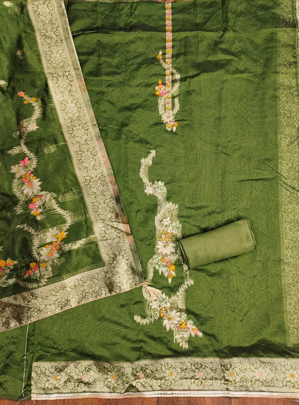 Green_Banarasi_Silk_Jacquard_Salwar_Suit_Dress_Material_With_Handwork_&_Floral_Dupatta_Unstitched
