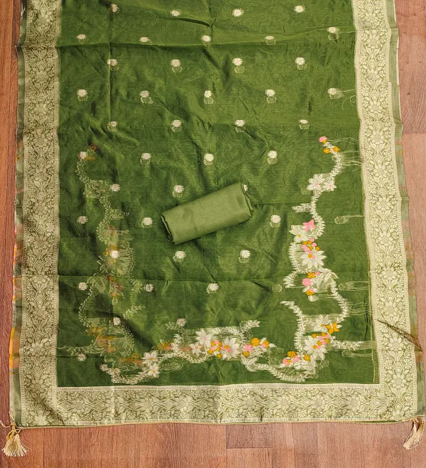 Green_Banarasi_Silk_Jacquard_Salwar_Suit_Dress_Material_With_Handwork_&_Floral_Dupatta_Unstitched
