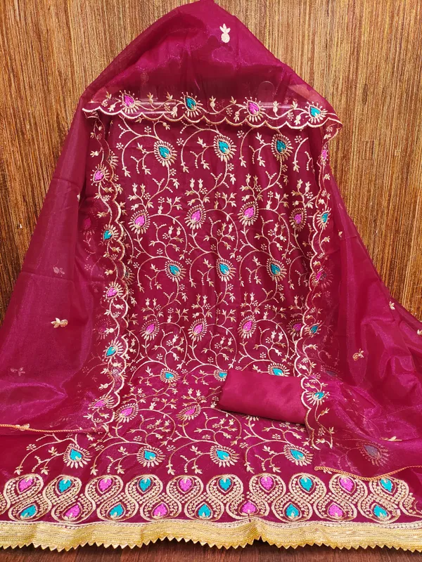 Self_Design_Magenta_Organza_Salwar_Suit_Dress_Material_With_Multicolor_Thread_Work_&_Embroidered_Dupatta_Unstitched_For_Women