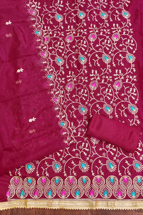 Self_Design_Magenta_Organza_Salwar_Suit_Dress_Material_With_Multicolor_Thread_Work_&_Embroidered_Dupatta_Unstitched_For_Women