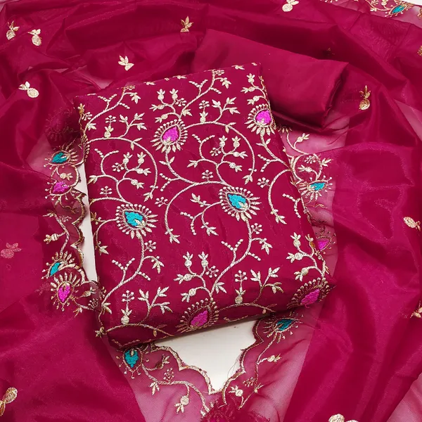 Self_Design_Magenta_Organza_Salwar_Suit_Dress_Material_With_Multicolor_Thread_Work_&_Embroidered_Dupatta_Unstitched_For_Women