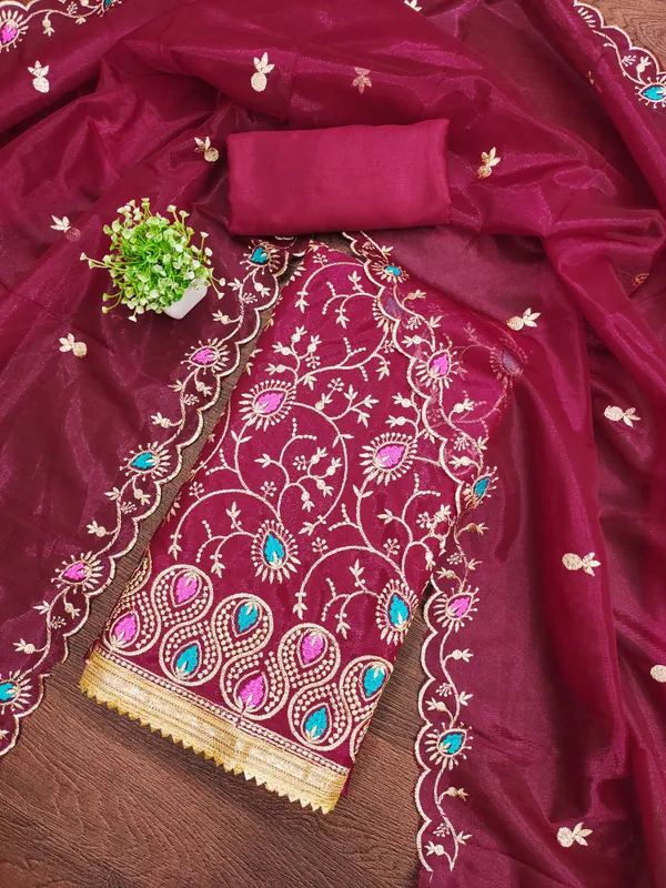 Self_Design_Magenta_Organza_Salwar_Suit_Dress_Material_With_Multicolor_Thread_Work_&_Embroidered_Dupatta_Unstitched_For_Women