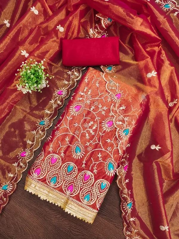 Red_Organza_Salwar_Suit_Dress_Material_Set_With_Multicolor_Thread_Work_&_Embroidered_Dupatta_Unstitched_For_women