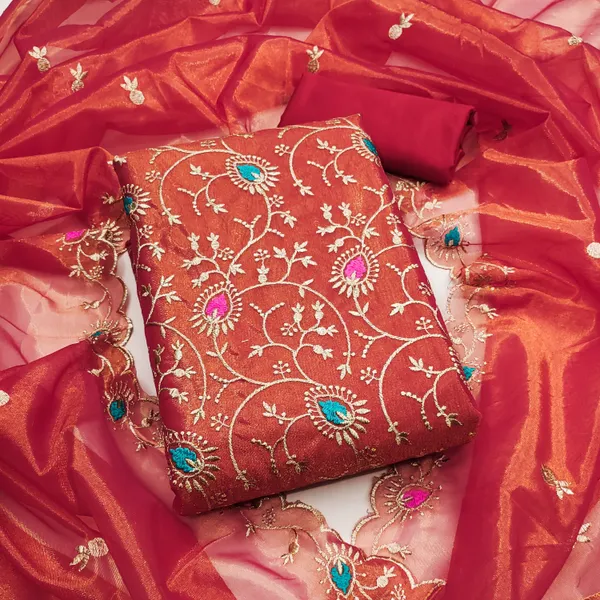 Red_Organza_Salwar_Suit_Dress_Material_Set_With_Multicolor_Thread_Work_&_Embroidered_Dupatta_Unstitched_For_women