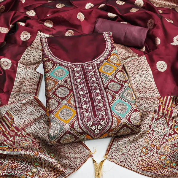 Maroon_Jacquard_Salwar_Unstitched_Suit_Dress_Material_Set_With_Zardosi_Handwork_&_Banarasi_Dupatta