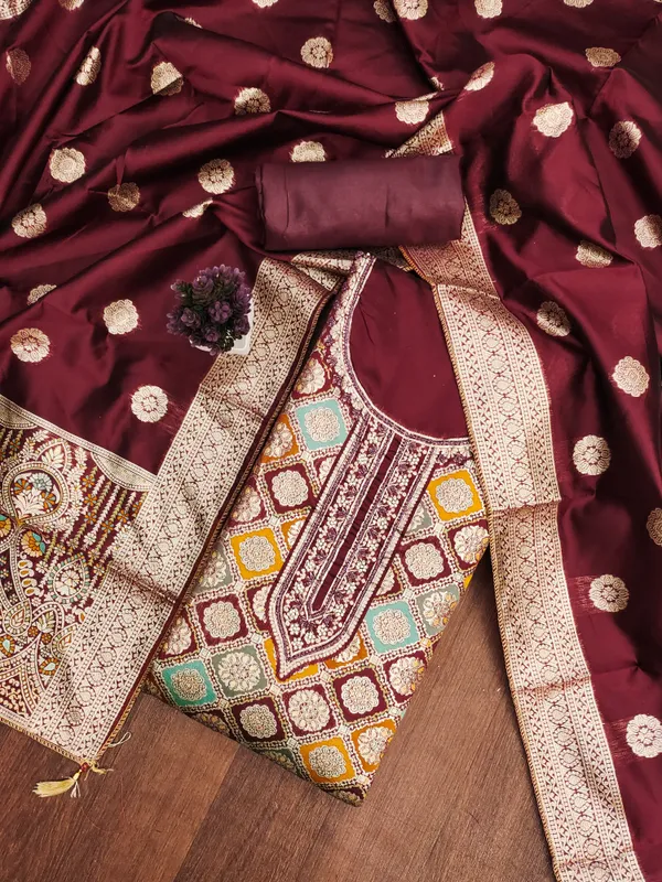 Maroon_Jacquard_Salwar_Unstitched_Suit_Dress_Material_Set_With_Zardosi_Handwork_&_Banarasi_Dupatta