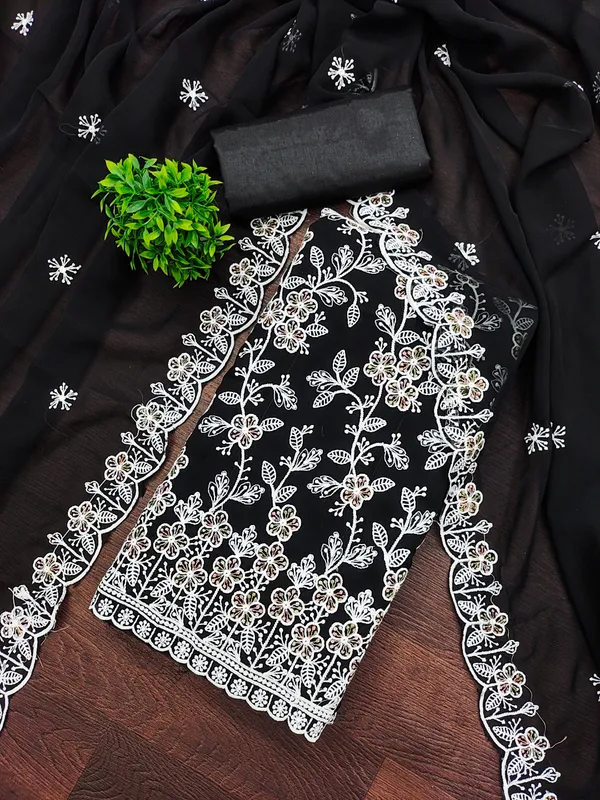 Self_Design_Black_Georgette_White_&_Multicolor_Floral_Vine_Embroidered_Salwar_Suit_Dress_Material_With_Dupatta_Unstitched_For_Women
