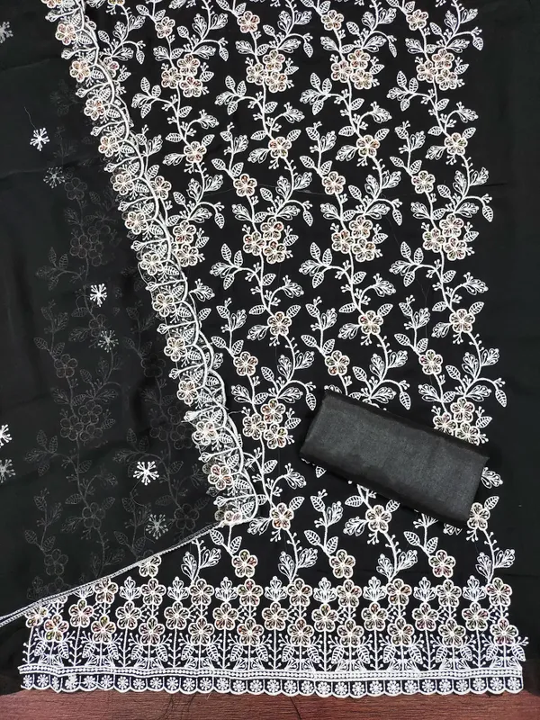 Self_Design_Black_Georgette_White_&_Multicolor_Floral_Vine_Embroidered_Salwar_Suit_Dress_Material_With_Dupatta_Unstitched_For_Women