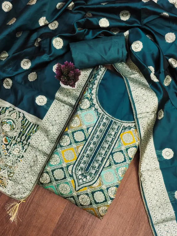 Sea_Green_Jacquard_Salwar_Suit_Dress_Material_With_Zardosi_Handwork_&_Banarasi_Dupatta_Unstitched