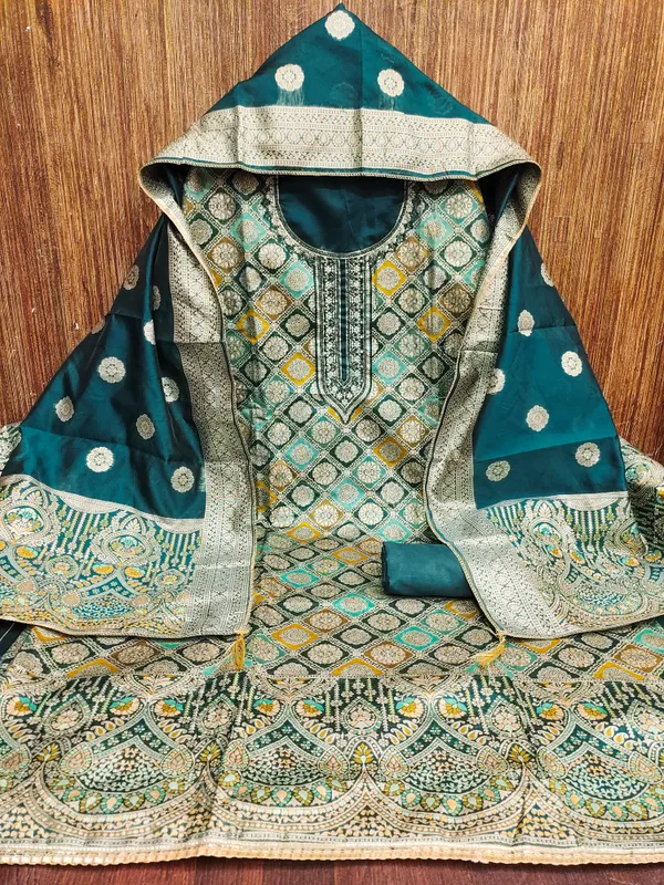 Sea_Green_Jacquard_Salwar_Suit_Dress_Material_With_Zardosi_Handwork_&_Banarasi_Dupatta_Unstitched
