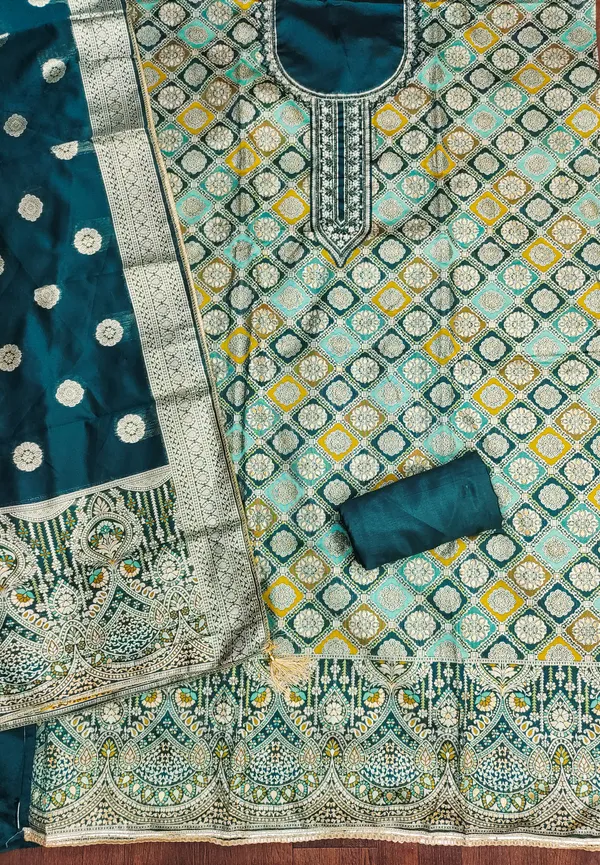 Sea_Green_Jacquard_Salwar_Suit_Dress_Material_With_Zardosi_Handwork_&_Banarasi_Dupatta_Unstitched