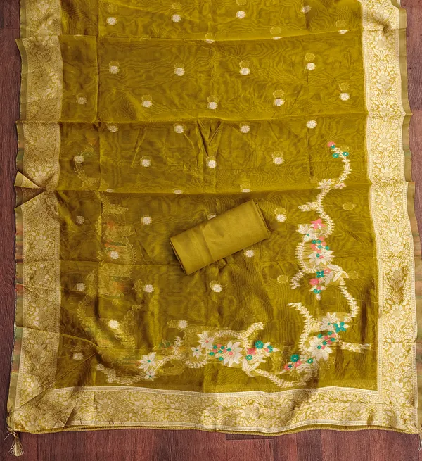 Mehendi_Banarasi_Silk_Jacquard_Salwar_Suit_Dress_Material_With_Handwork_&_Floral_Dupatta_Unstitched