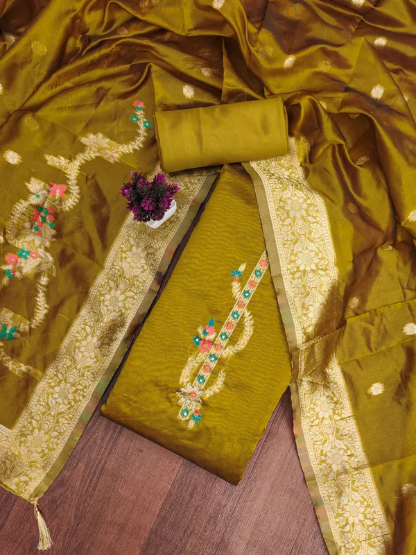 Mehendi_Banarasi_Silk_Jacquard_Salwar_Suit_Dress_Material_With_Handwork_&_Floral_Dupatta_Unstitched