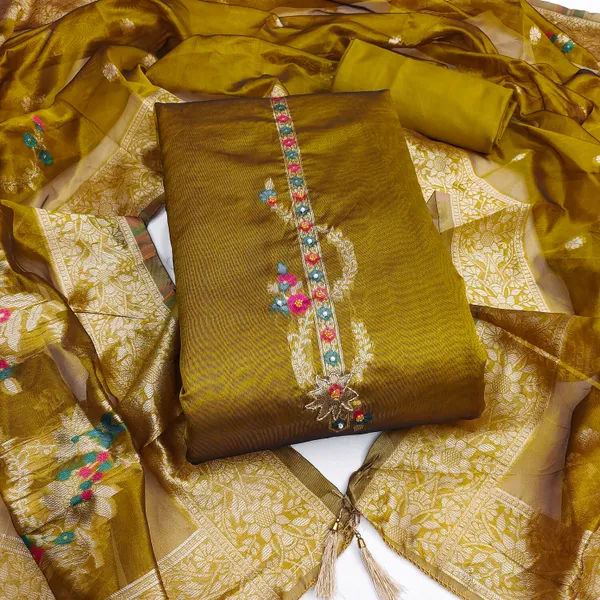 Mehendi_Banarasi_Silk_Jacquard_Salwar_Suit_Dress_Material_With_Handwork_&_Floral_Dupatta_Unstitched