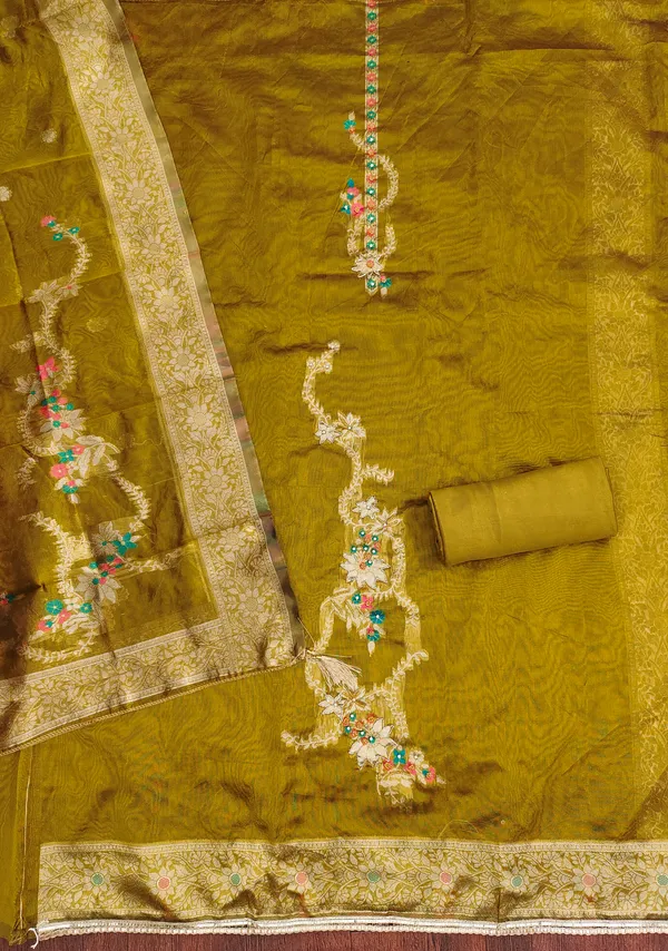 Mehendi_Banarasi_Silk_Jacquard_Salwar_Suit_Dress_Material_With_Handwork_&_Floral_Dupatta_Unstitched