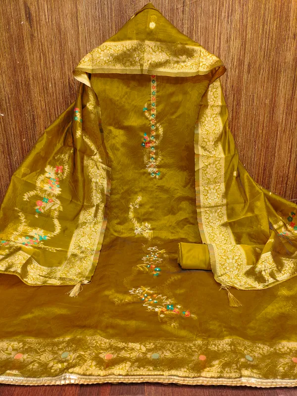 Mehendi_Banarasi_Silk_Jacquard_Salwar_Suit_Dress_Material_With_Handwork_&_Floral_Dupatta_Unstitched