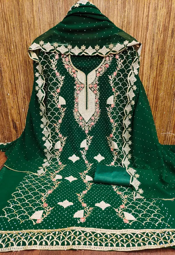 Green_Georgette_Salwar_Suit_Dress_Material_With_Golden_&_Red_Thread_Work_And_Swarovski_Detailing_Unstitched