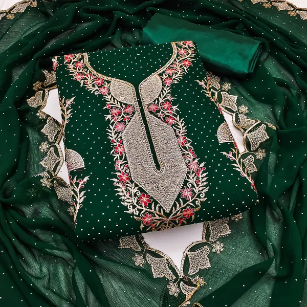 Green_Georgette_Salwar_Suit_Dress_Material_With_Golden_&_Red_Thread_Work_And_Swarovski_Detailing_Unstitched
