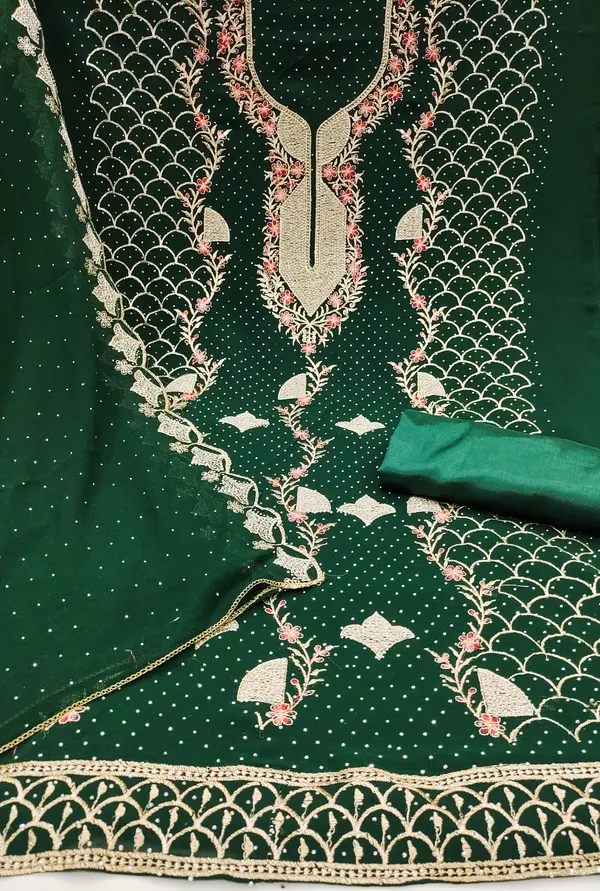 Green_Georgette_Salwar_Suit_Dress_Material_With_Golden_&_Red_Thread_Work_And_Swarovski_Detailing_Unstitched