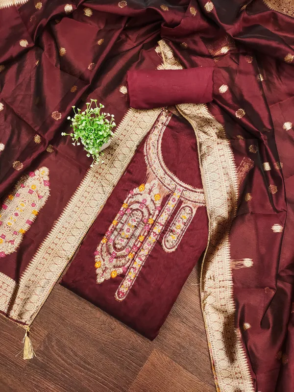 Maroon_Banarasi_Silk_Jacquard_Salwar_Suit_Dress_Material_With_Zardosi_Handwork_&_Placement_Woven_Dupatta_Unstitched