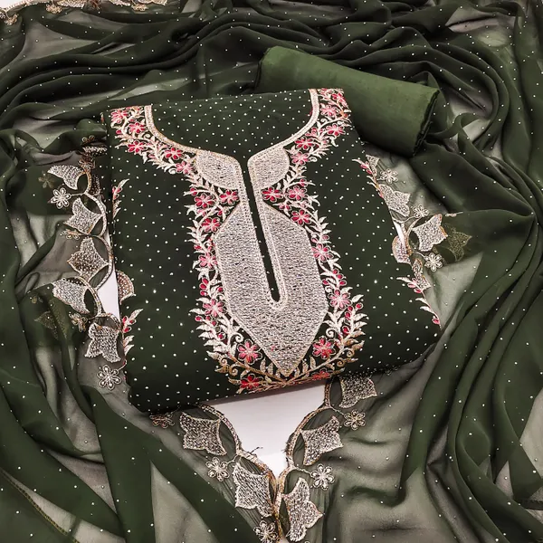 Olive_Green_Georgette_Salwar_Suit_Dress_Material_With_Golden_&_Red_Thread_Work_And_Swarovski_Detailing_Unstitched