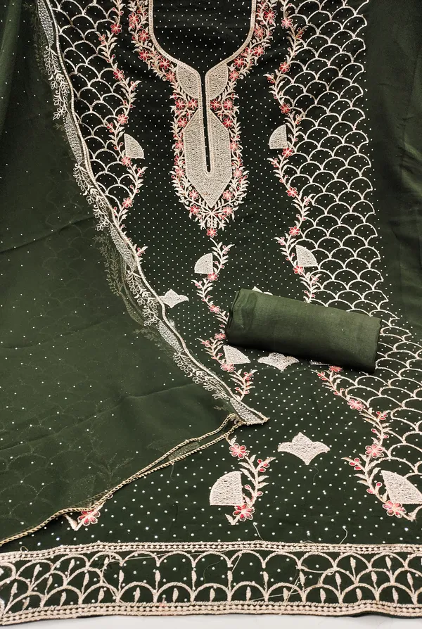 Olive_Green_Georgette_Salwar_Suit_Dress_Material_With_Golden_&_Red_Thread_Work_And_Swarovski_Detailing_Unstitched