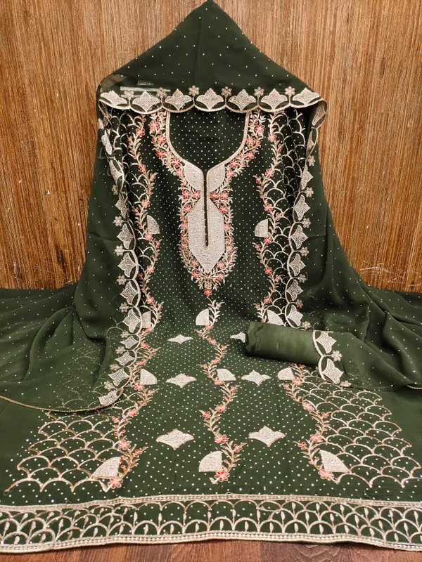 Olive_Green_Georgette_Salwar_Suit_Dress_Material_With_Golden_&_Red_Thread_Work_And_Swarovski_Detailing_Unstitched