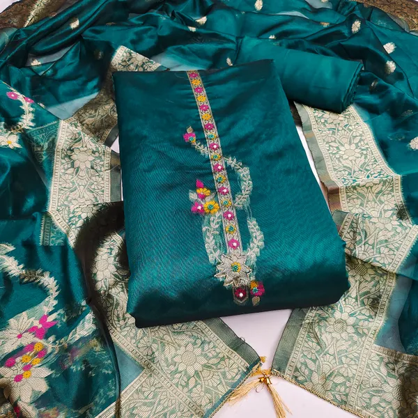Sea_Green_Banarasi_Silk_Jacquard_Salwar_Suit_Dress_Material_With_Handwork_&_Floral_Dupatta_Unstitched