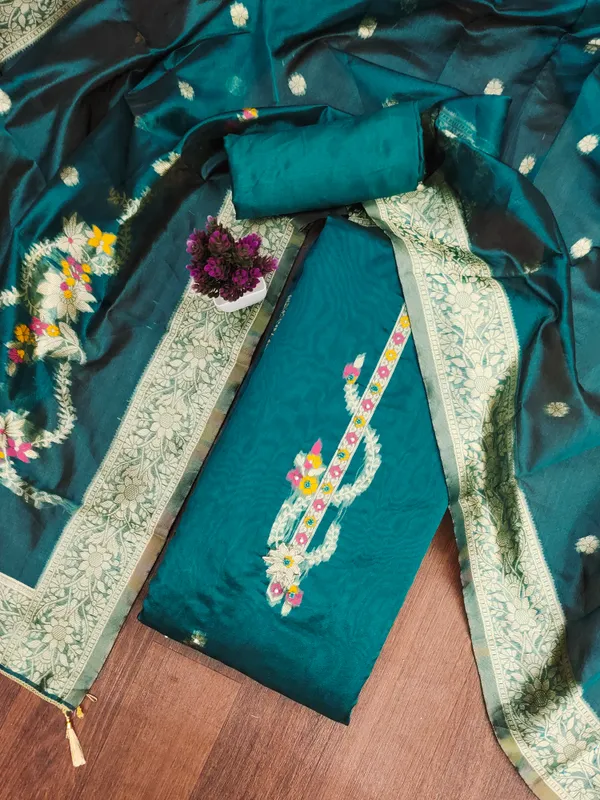 Sea_Green_Banarasi_Silk_Jacquard_Salwar_Suit_Dress_Material_With_Handwork_&_Floral_Dupatta_Unstitched
