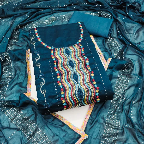 Teal_Blue_Vichitra_Silk_Salwar_Suit_Dress_Material_With_Multicolor_Thread_&_Sequin_Work_Unstitched