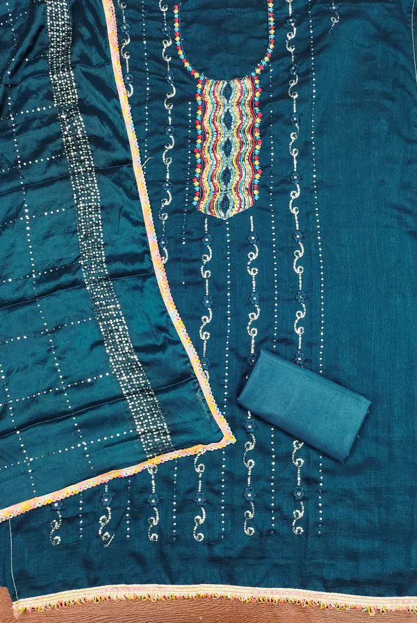Teal_Blue_Vichitra_Silk_Salwar_Suit_Dress_Material_With_Multicolor_Thread_&_Sequin_Work_Unstitched