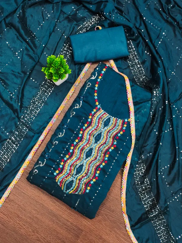 Teal_Blue_Vichitra_Silk_Salwar_Suit_Dress_Material_With_Multicolor_Thread_&_Sequin_Work_Unstitched