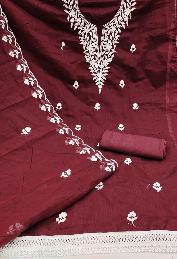 Maroon_Chanderi_Cotton_Salwar_Suit_Dress_Material_With_Elegant_White_Thread_Work_Unstitched