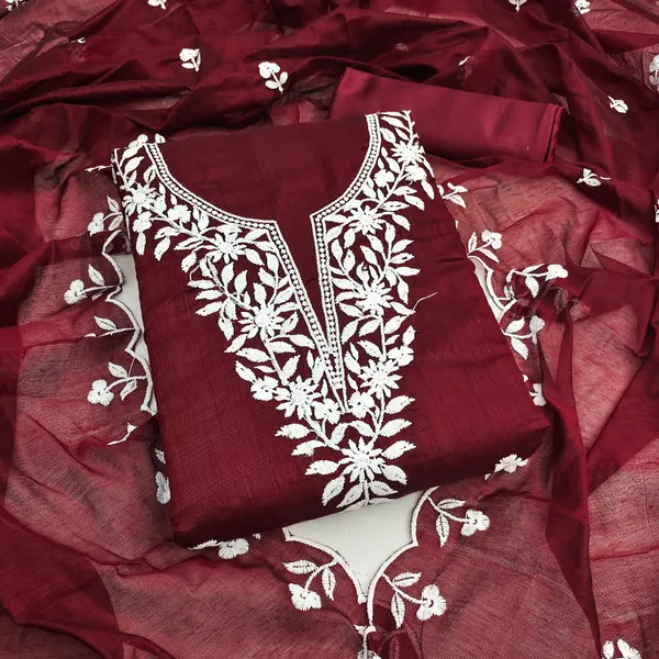 Maroon_Chanderi_Cotton_Salwar_Suit_Dress_Material_With_Elegant_White_Thread_Work_Unstitched