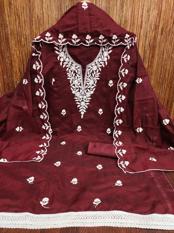 Maroon_Chanderi_Cotton_Salwar_Suit_Dress_Material_With_Elegant_White_Thread_Work_Unstitched