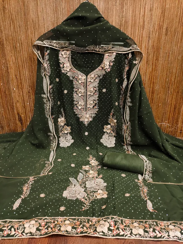 Olive_Green_Georgette_Salwar_Suit_Dress_Material_With_Golden_Thread_Work_&_Siroki_Diamonds_Unstitched