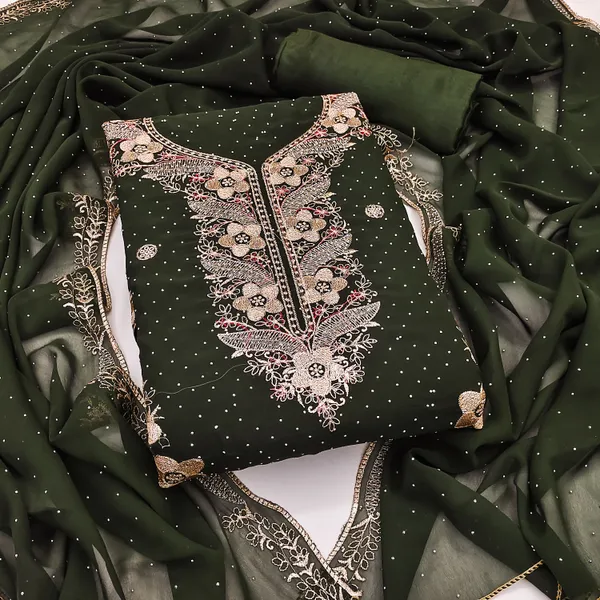 Olive_Green_Georgette_Salwar_Suit_Dress_Material_With_Golden_Thread_Work_&_Siroki_Diamonds_Unstitched