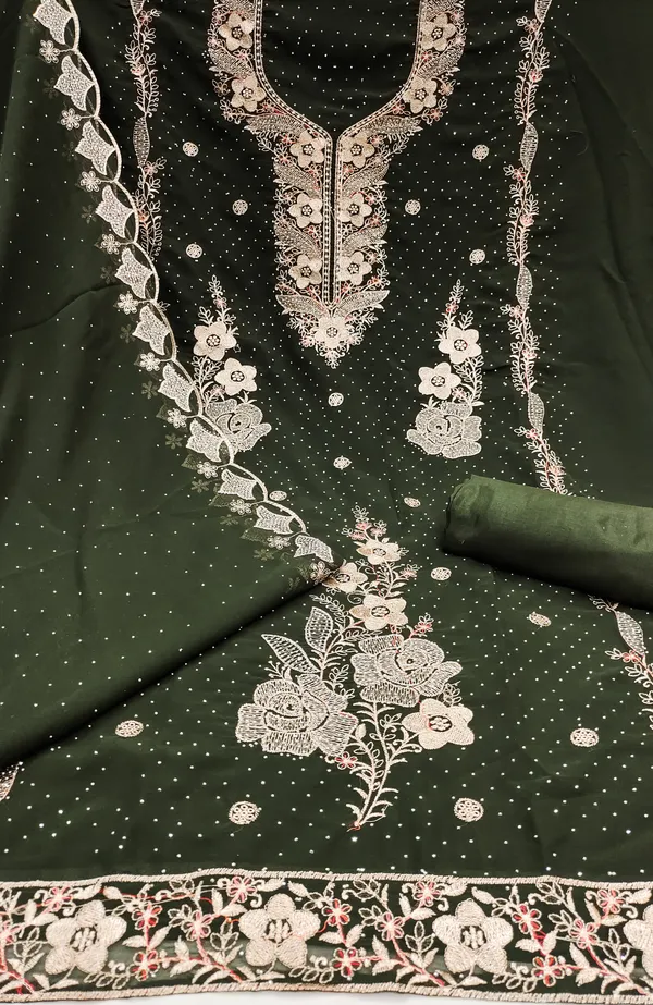 Olive_Green_Georgette_Salwar_Suit_Dress_Material_With_Golden_Thread_Work_&_Siroki_Diamonds_Unstitched