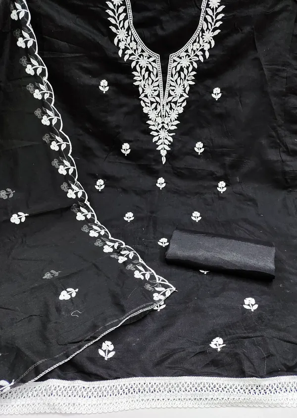 Self_Design_Black_Chanderi_Cotton_Salwar_Suit_Dress_Material_With_Elegant_White_Thread_Work_Unstitched_For_Women