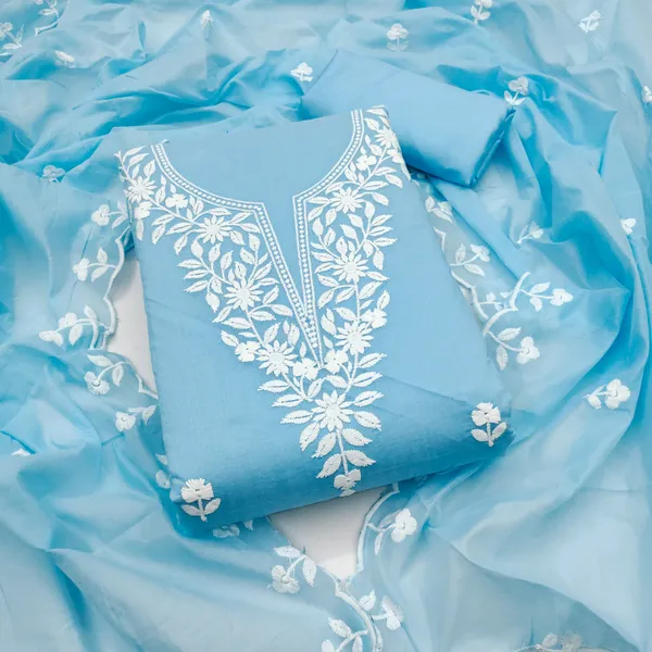 Sky_Blue_Chanderi_Cotton_Salwar_Suit_Dress_Material_Set_With_Elegant_White_Thread_Work_Unstitched