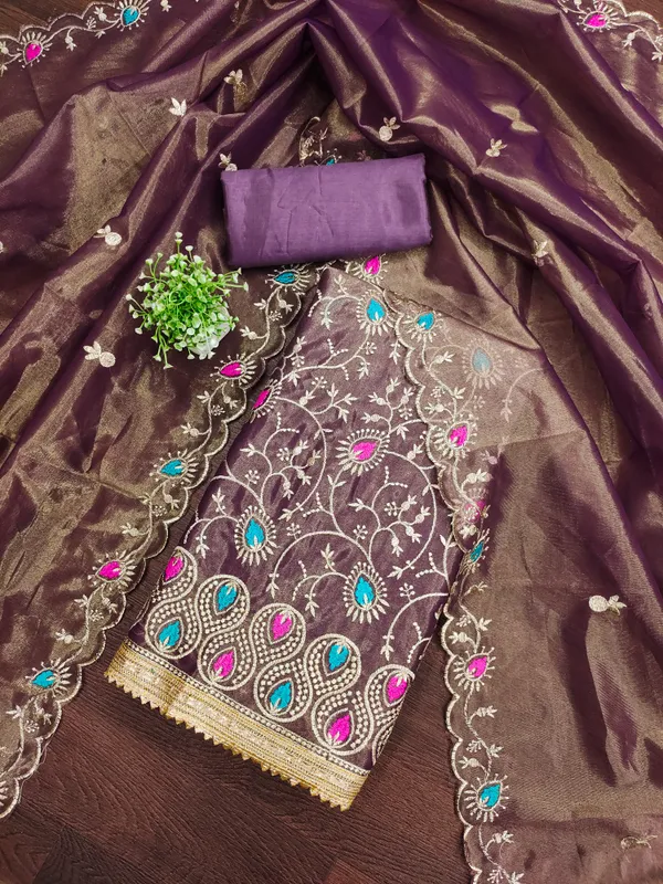 Voilet_Organza_Salwar_Suit_Dress_Material_With_Multicolor_Thread_Work_&_Embroidered_Dupatta_Unstitched