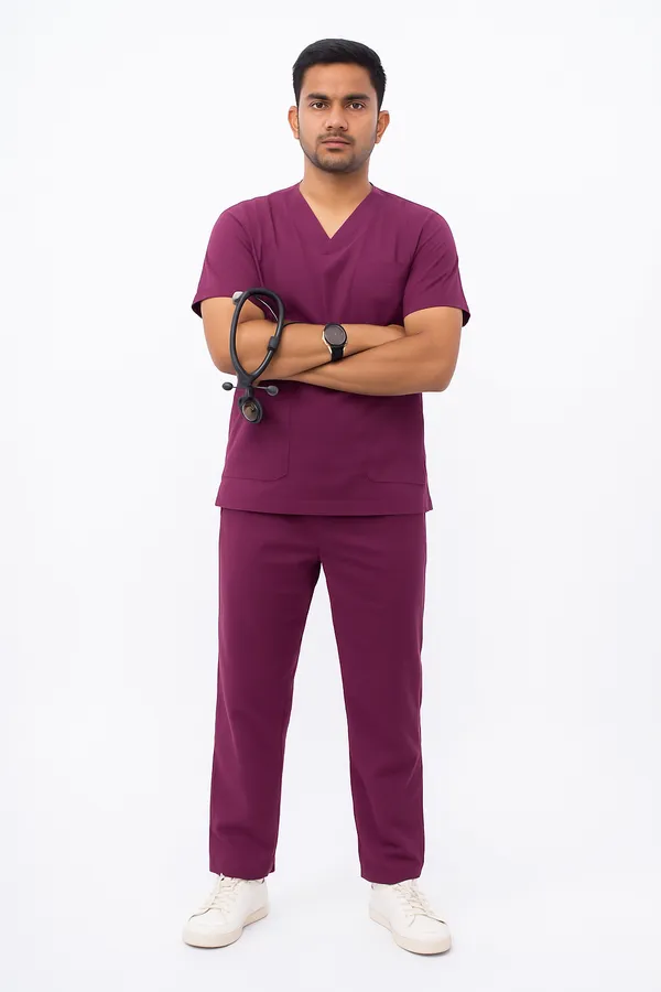 Wine_Mens_5-Pocket_Comfortable_Cotton_Blend_Medical_Uniform