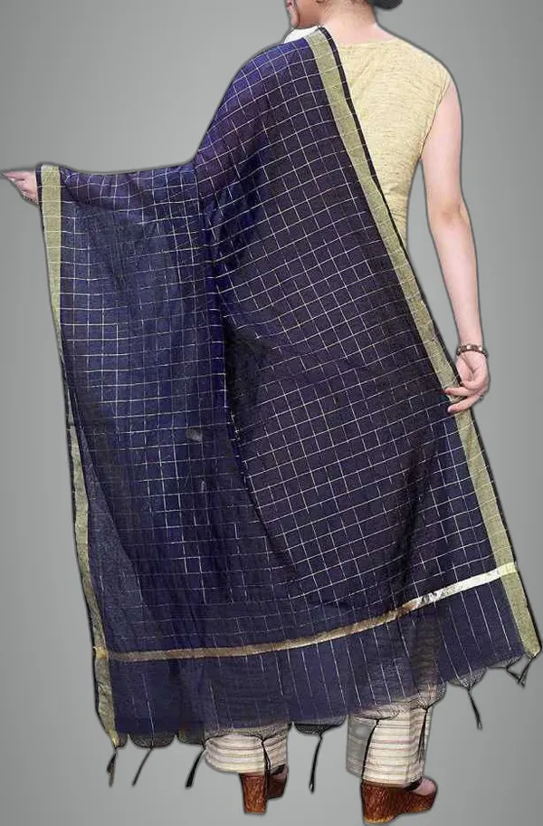 Dark_Blue_Silk_Blend_Checke_Dupatta_For_Women