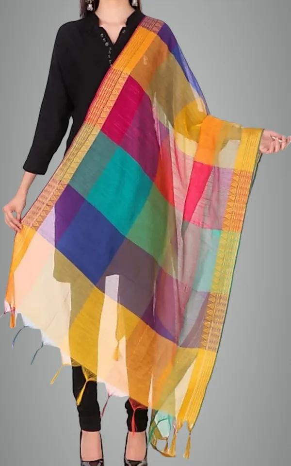 Multicolor_Silk_Blend_Checke_Dupatta_For_Women
